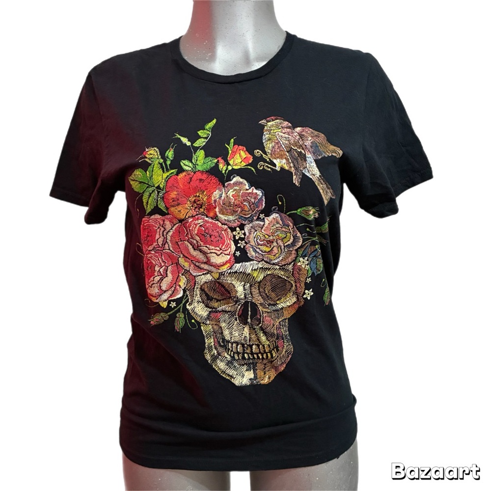 Floral Skull/Bird Graphic Tee T-Shirt Gothic Dark Catrina 100% Cotton Sz Small